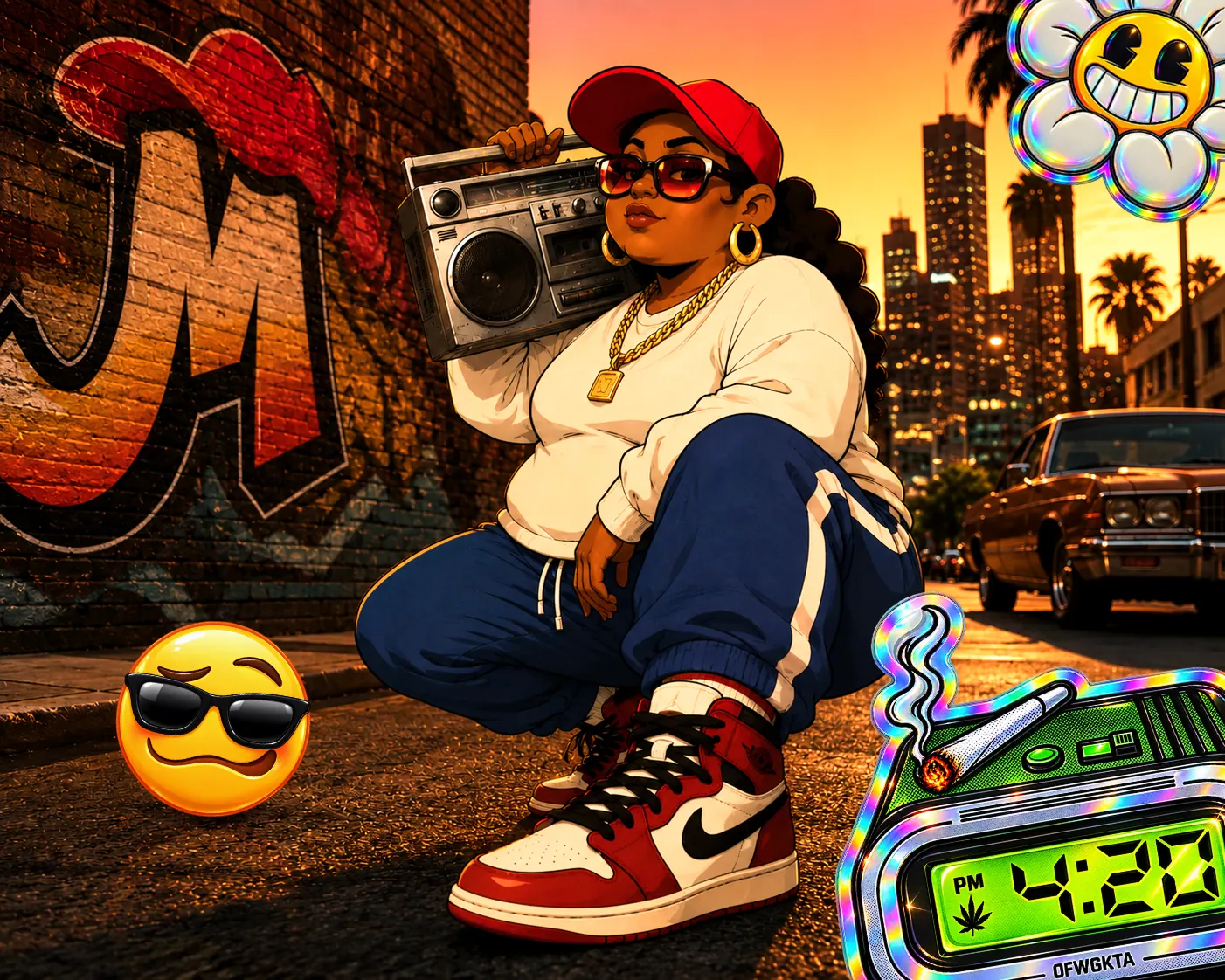 Matilda with a boombox in a graffiti-lined city street